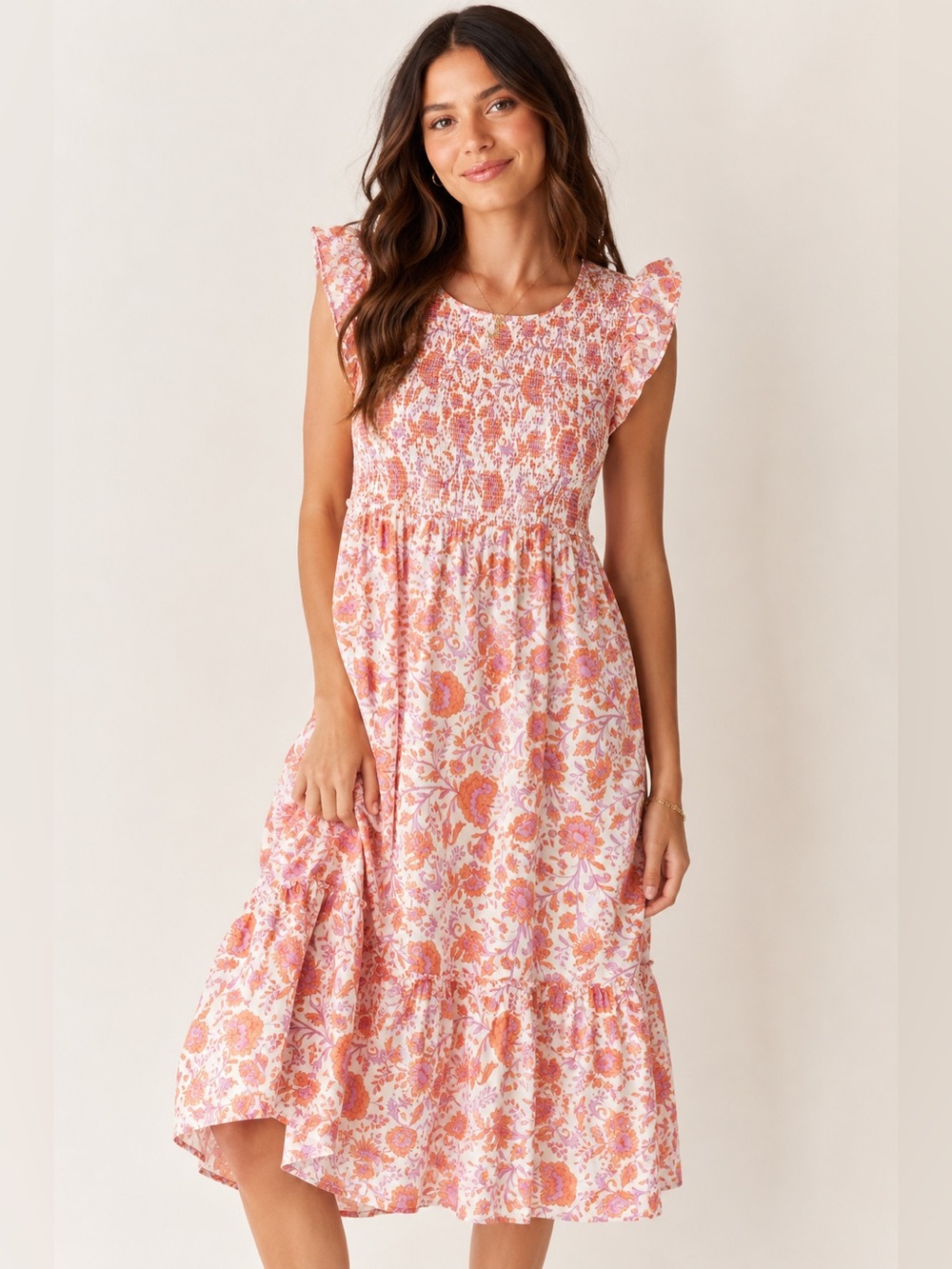 Vineyard Vines Floral Smocked Midi Dress Pink Orange Ruffle Sleeve Cotton Medium